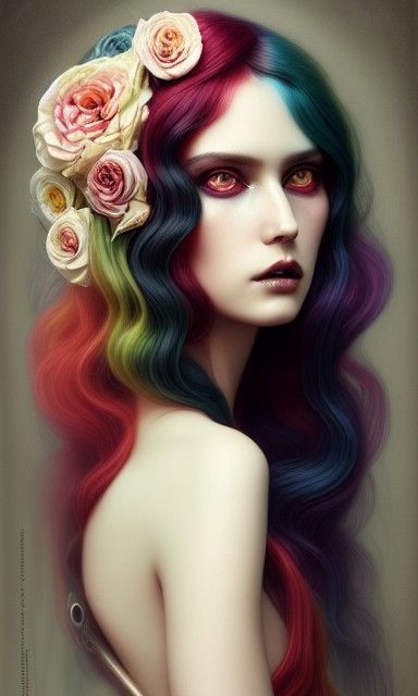 Ethereal Goddess with Multicolored Hair in Gothic Style