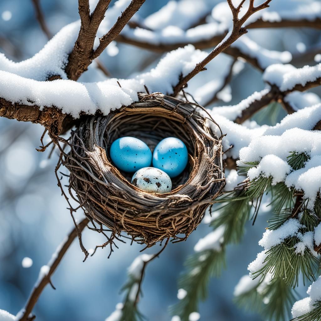 Cracked Robin's Egg in Snowy Nest Close-Up