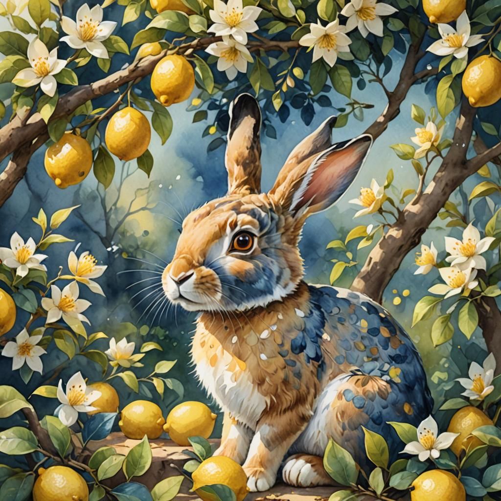 Rabbit Under Lemon Tree: Watercolor Fantasy Art