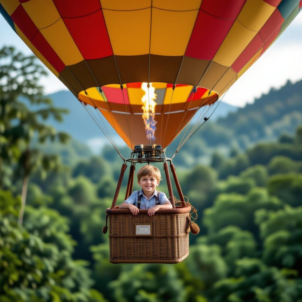 Boy Pilot in Hot Air Balloon, Serene Jungle Flight