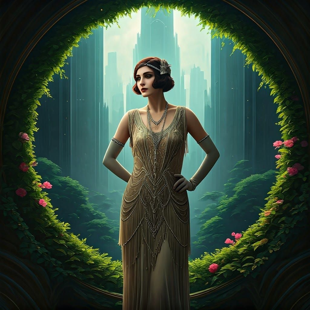 Art Deco Flapper in Vibrant Dreamlike Cityscape