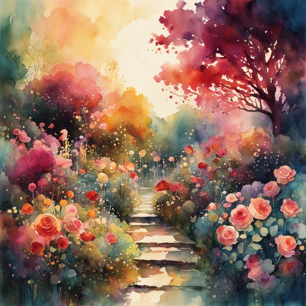 Colorful Rose Garden in Chiaroscuro Style