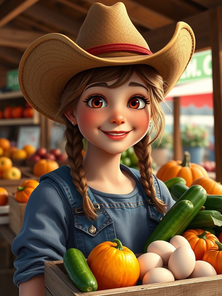 Charming Farm Girl at Farmer's Market, Digital Art