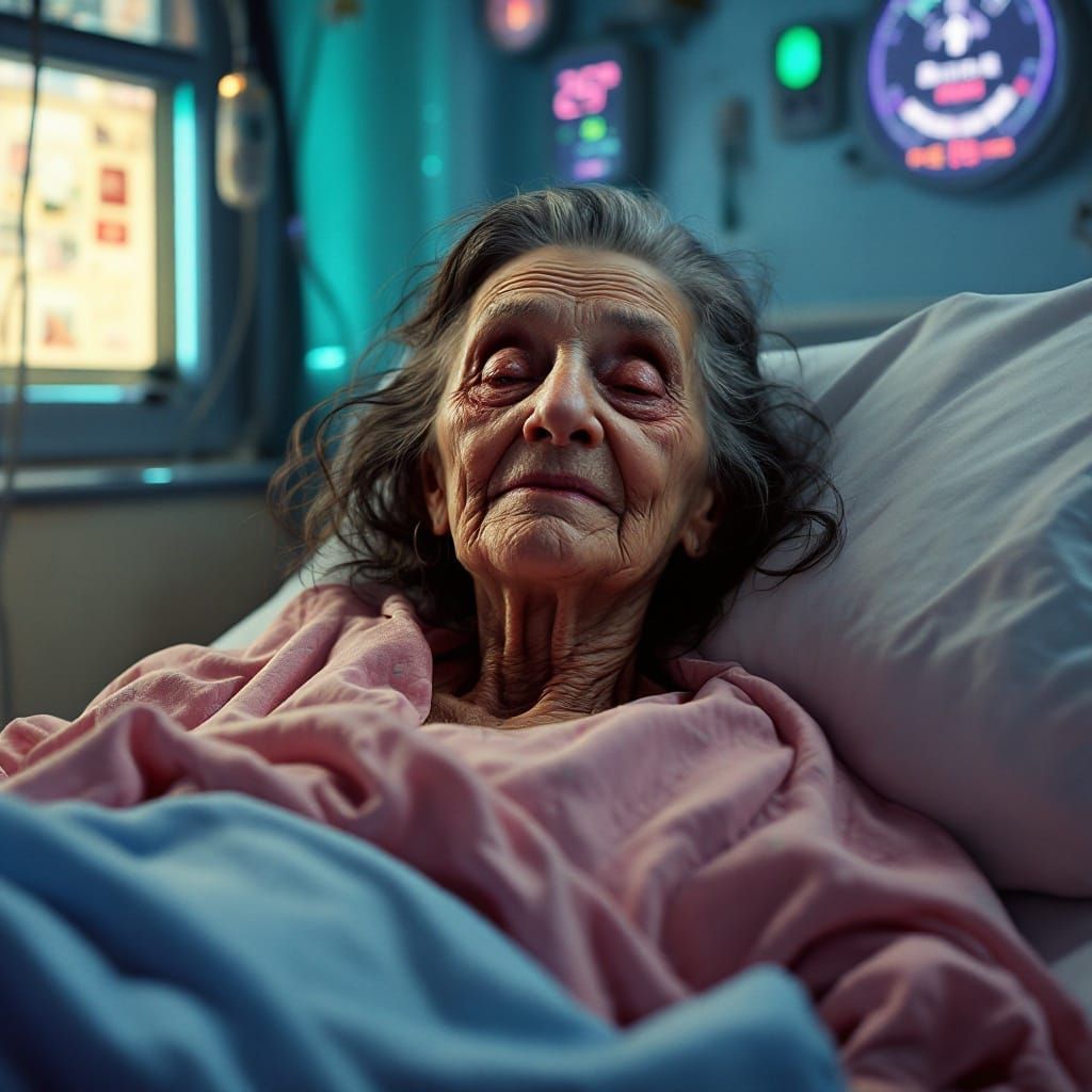 A Fragile Grandma Surrounded by Vibrant Hospital Chaos