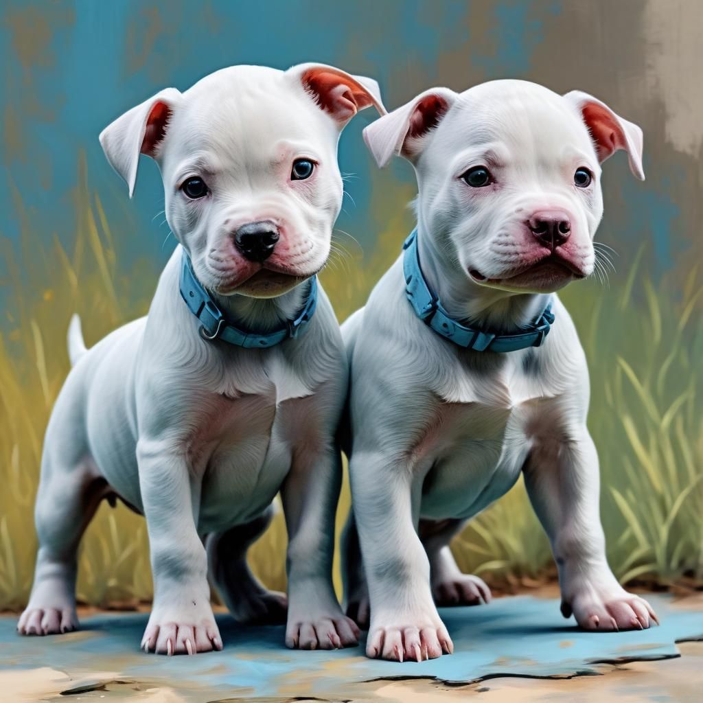 Cute Twin Pitbull Puppies in Gouache Style