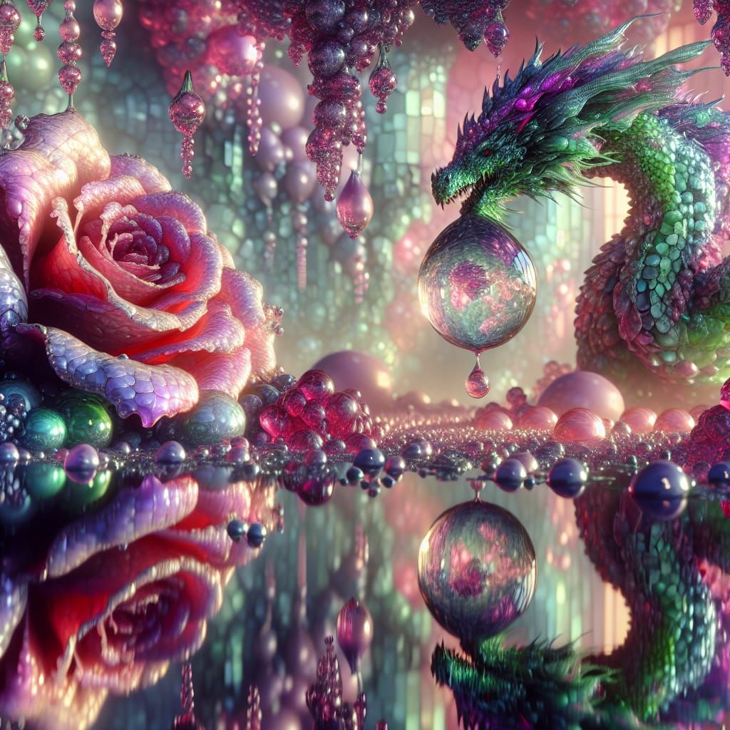 Fantasy Dragon Reflected in Water Droplet