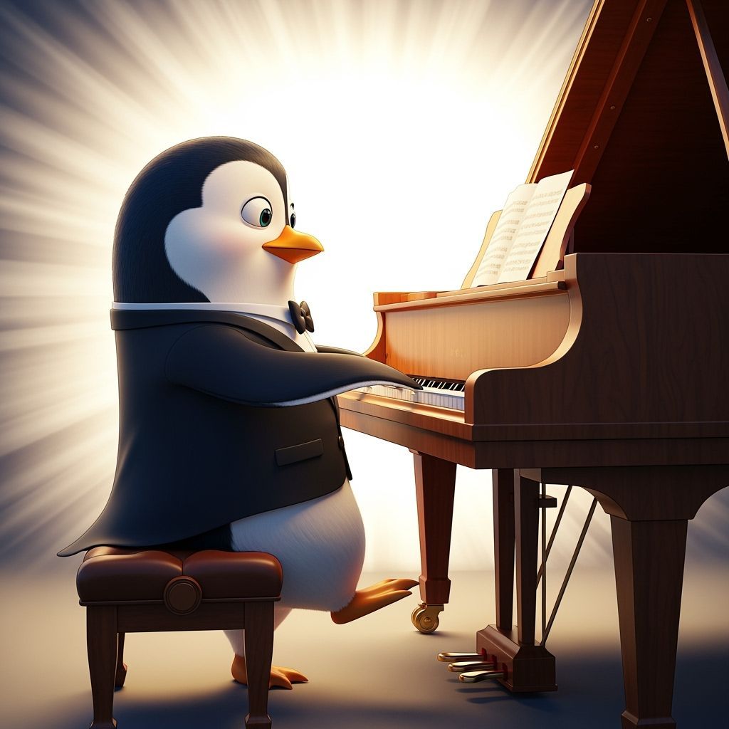 Penguin in Tuxedo Plays Piano: 3D Digital Art