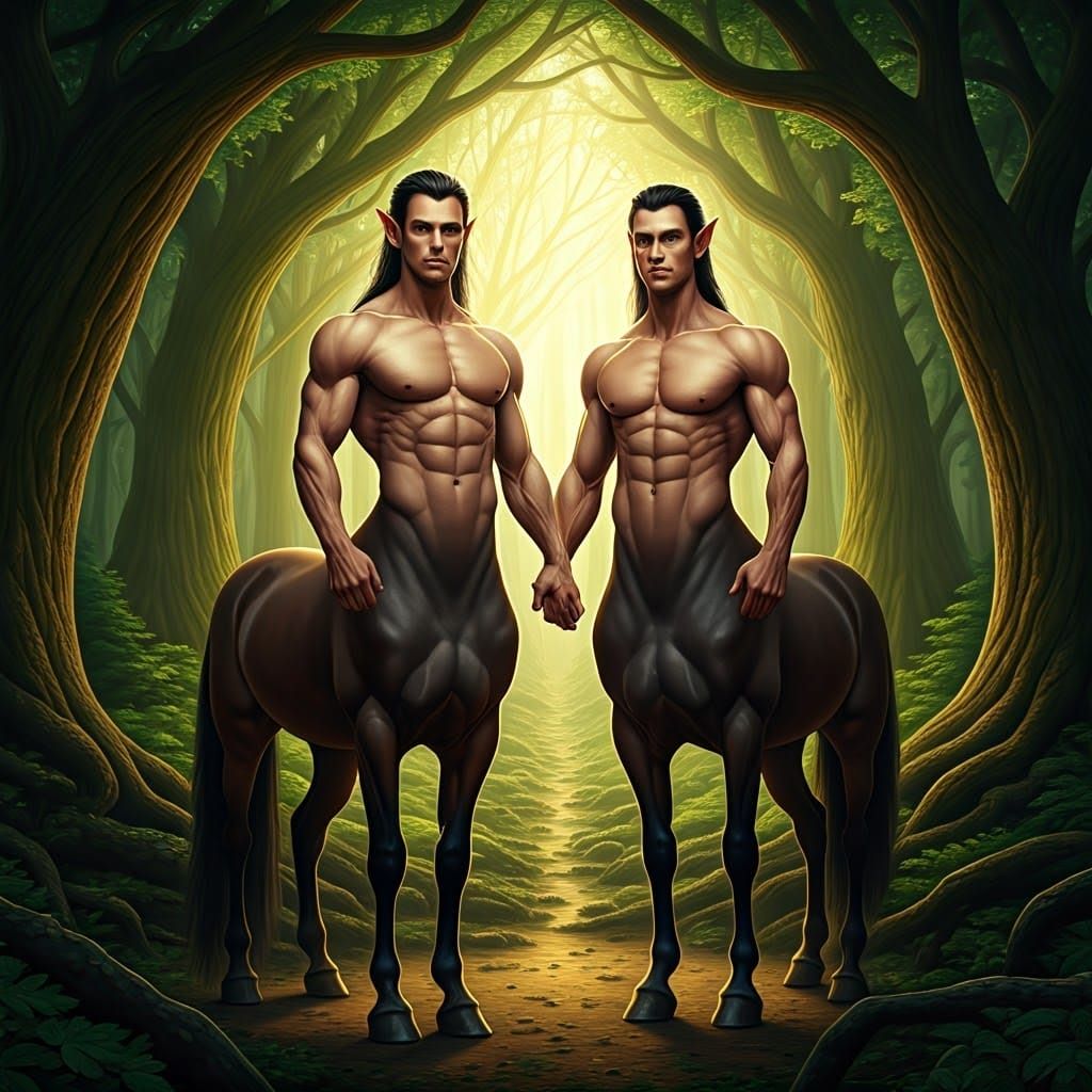 A Pair of centaur with muscular equine bodies and a strong human torso in an enchanted forest
