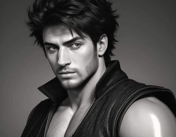 Handsome Man in Leather Vest, Pencil Sketch Portrait