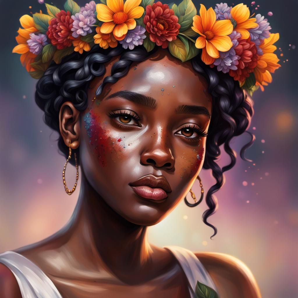 Black Girl with Flower Crown: Hyperrealistic Portrait