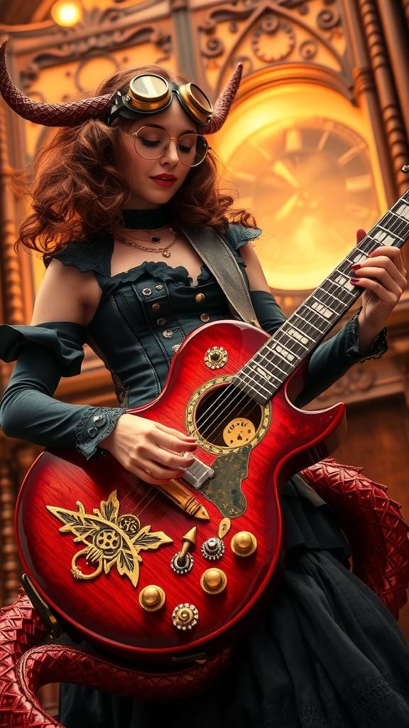 Steampunk Lady Musician Plays Dragon Guitar