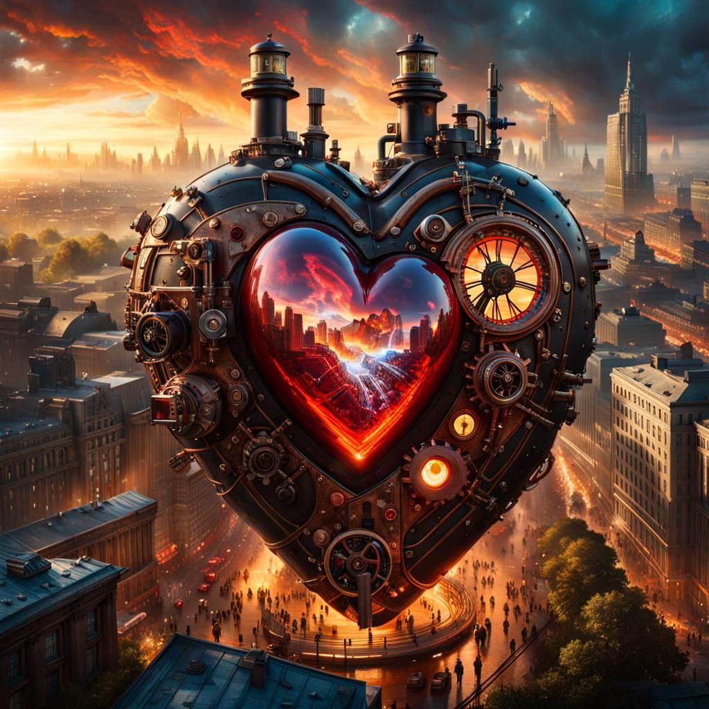 Steampunk Heart in a Vibrant Cityscape