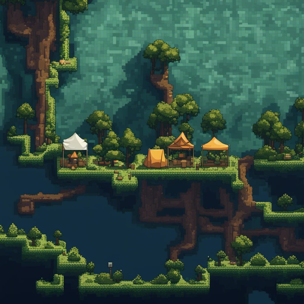 Pixel Art Tile Map with Tents and Shadows
