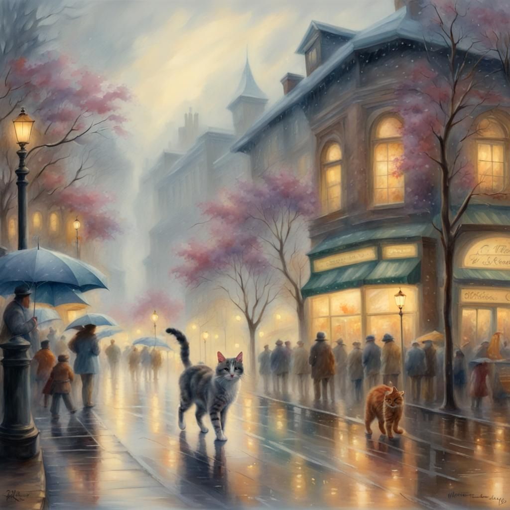 Ethereal Watercolor Cat in Rainy City