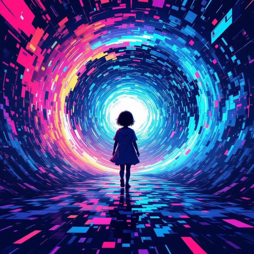 Ethereal Child in Digital Glitch Vortex