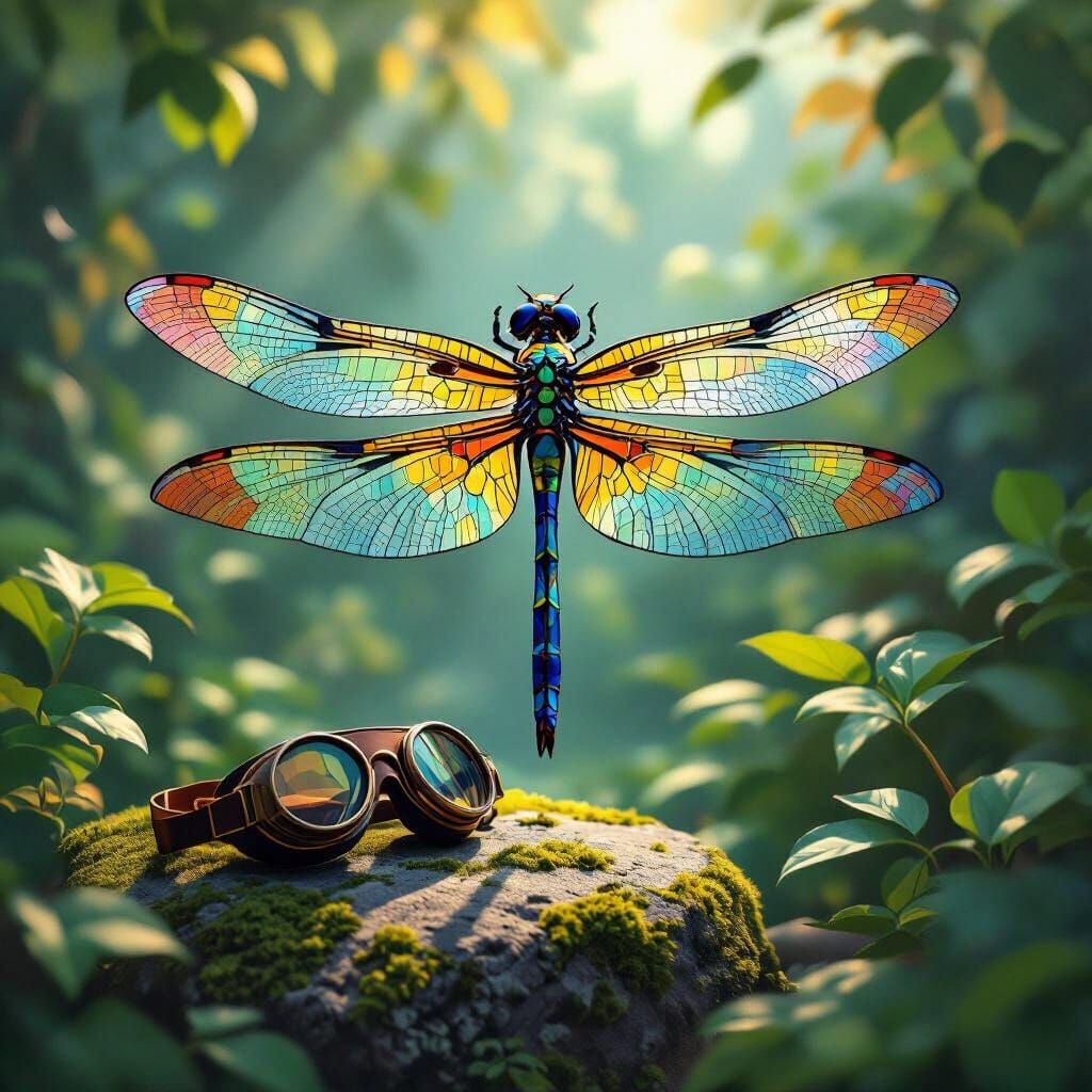 Cubist Dragonfly with Stained Glass Wings in Lush Garden