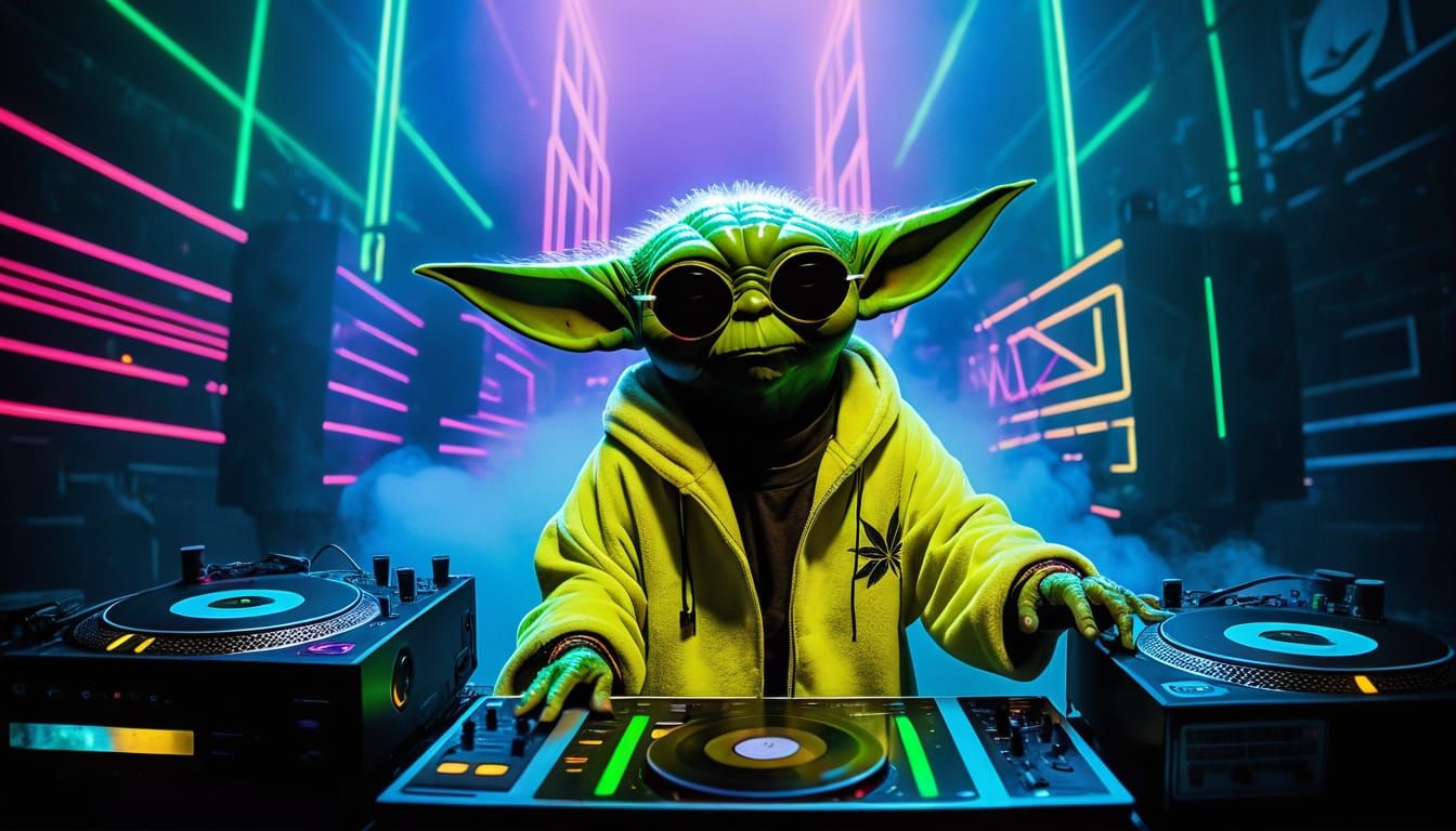 Baby Yoda DJing at a Neon Rave Party