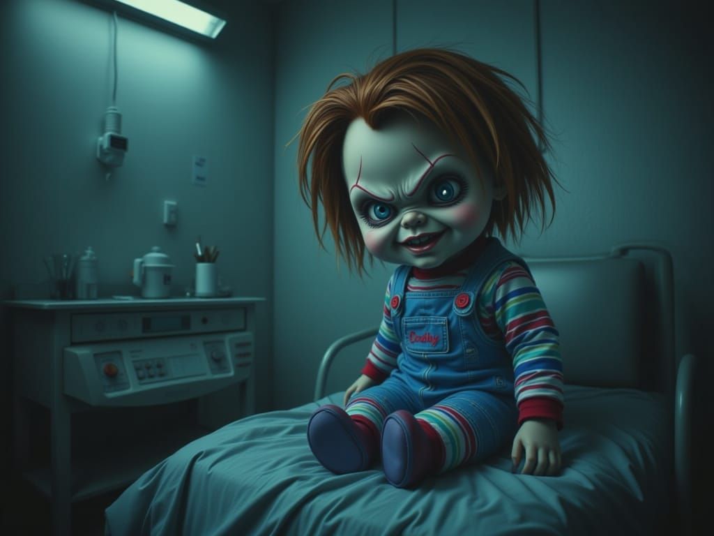 Eerie Chucky Doll in Hospital Gown, Horror Aesthetic