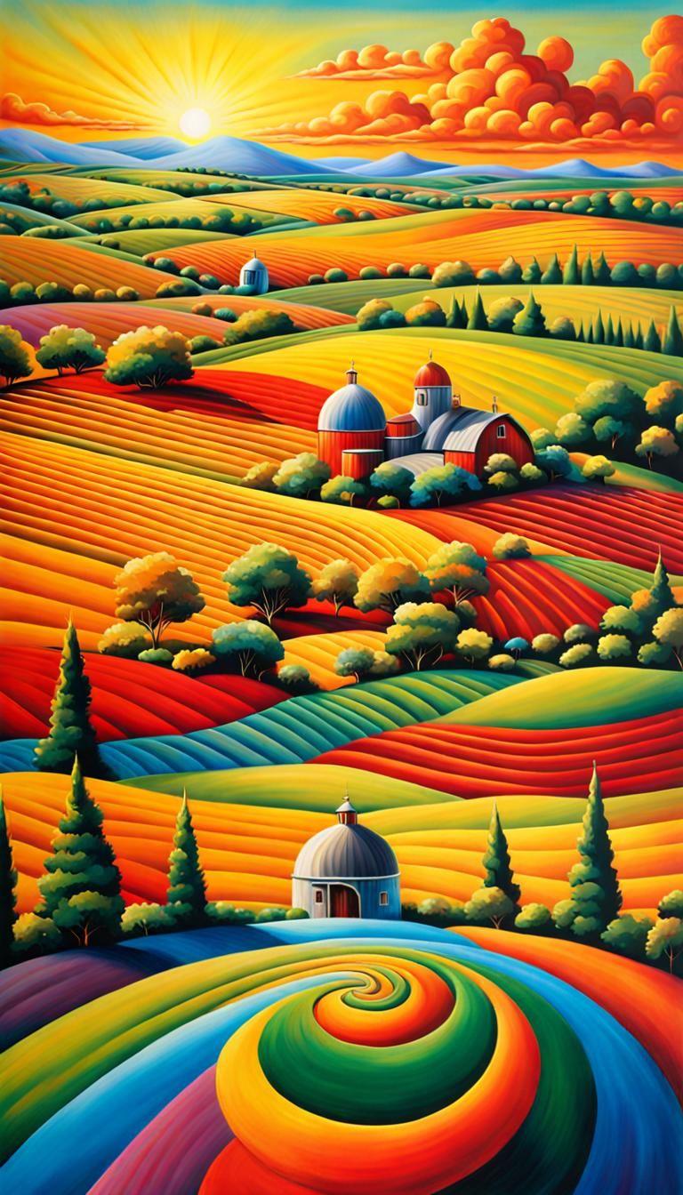 Colorful Dome Farm with Spiral Field, Hyper-Realism