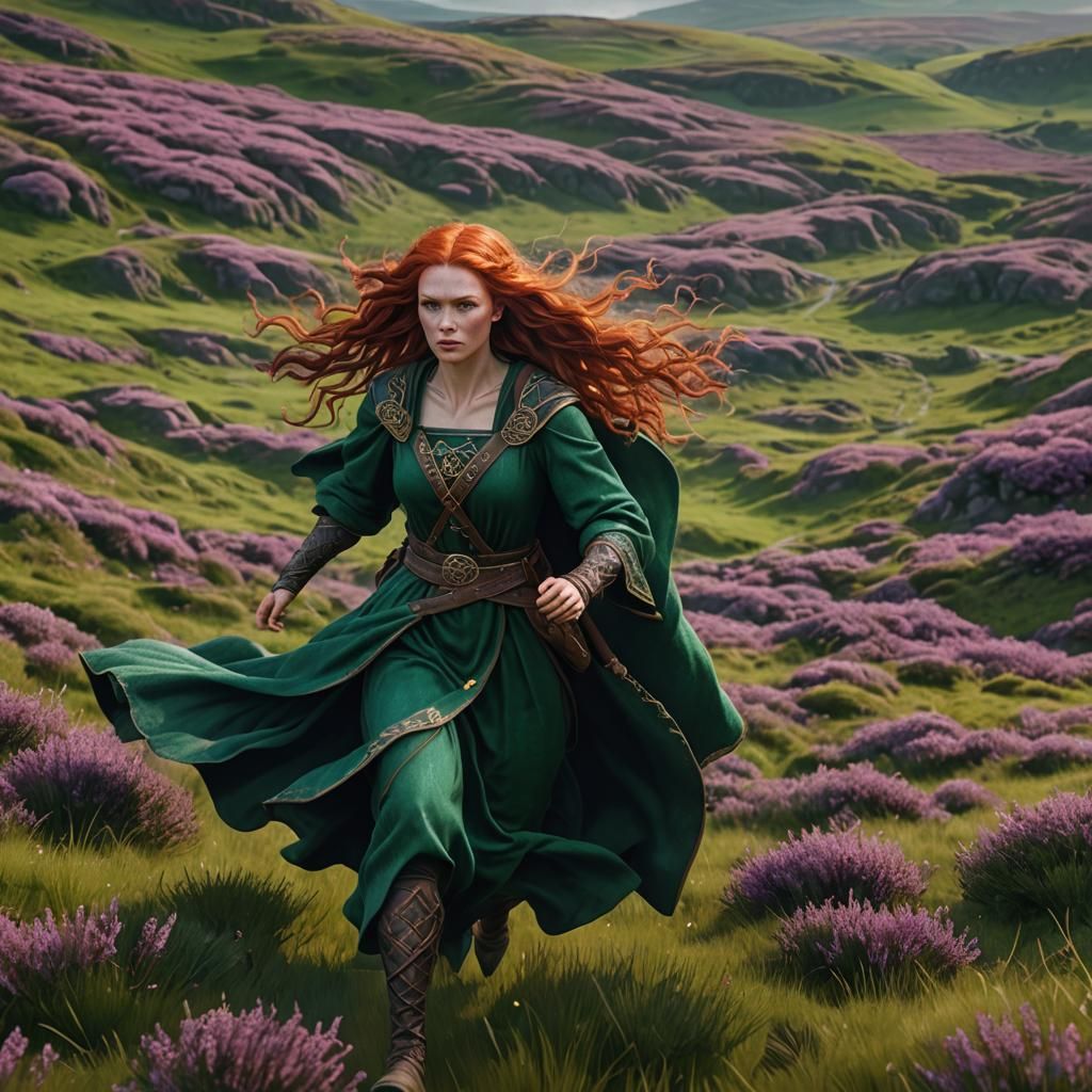 Celtic Princess Running Through Heather Field