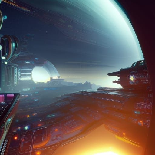 Cyberpunk Spaceship Interior with Planet View