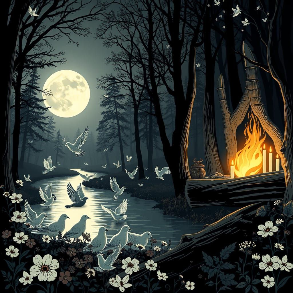 Serenity of Peaceful Doves in a Moonlit Forest