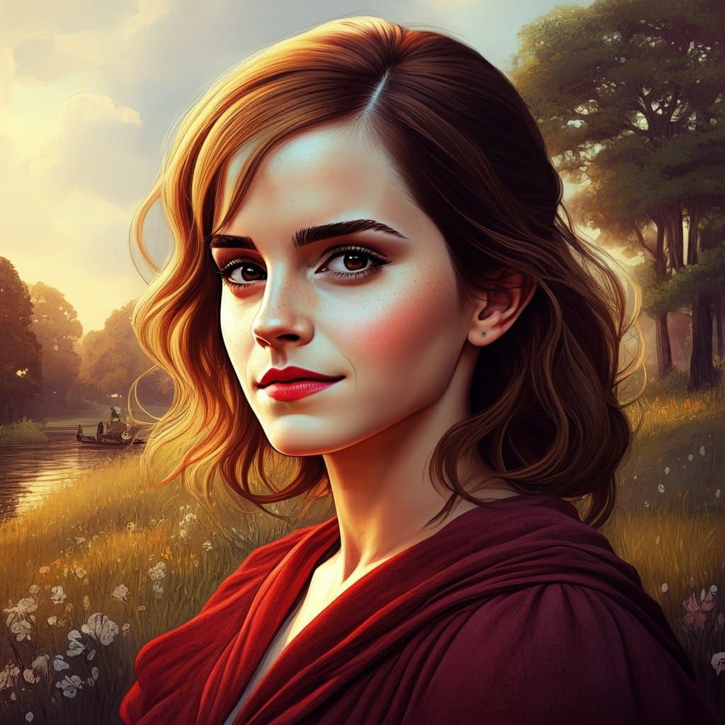 Ethereal Pencil Sketch Portrait with Red Lips