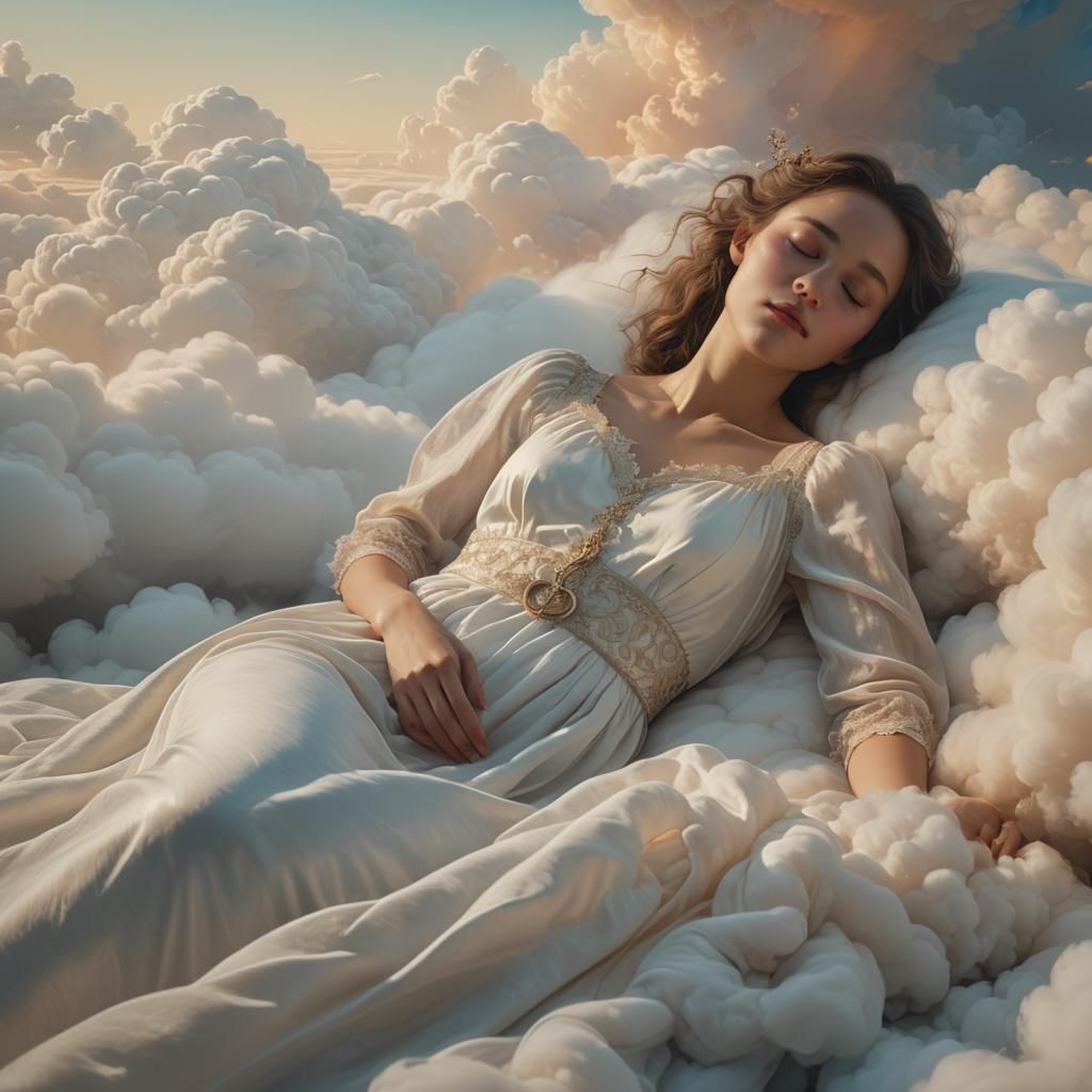 Dreamy Woman Sleeping on a Cloud in Pastel Hues