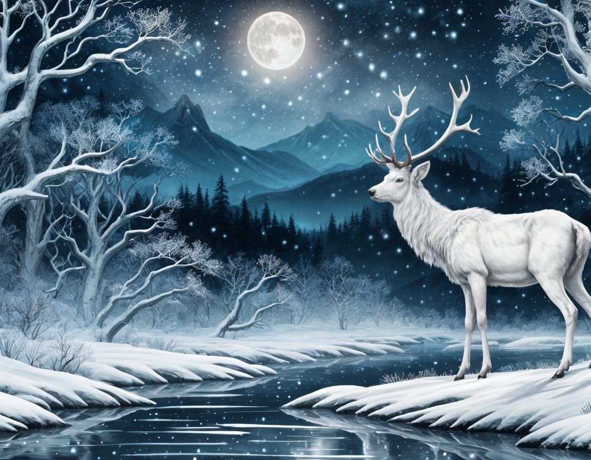 Majestic White Stag in Ethereal Moonlight Scene