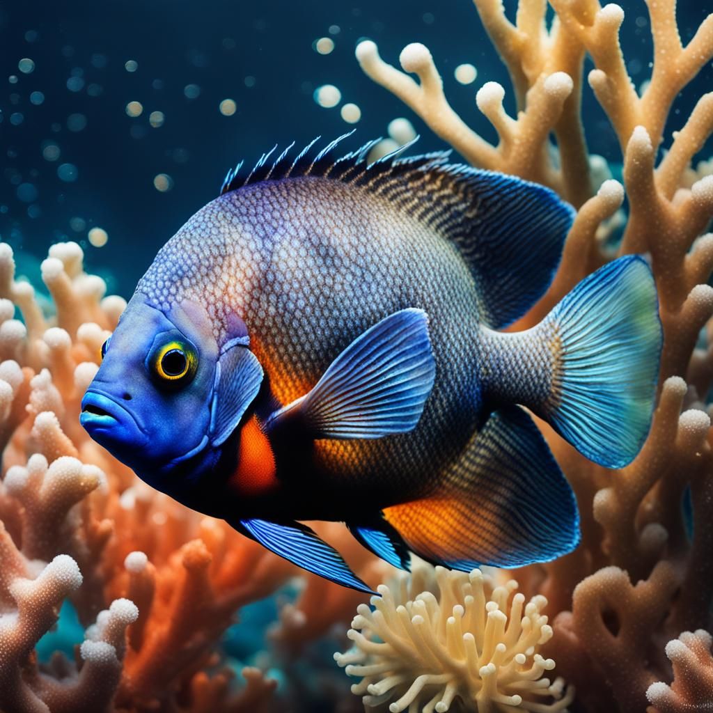 Damselfish Double Exposure in Watercolor Style