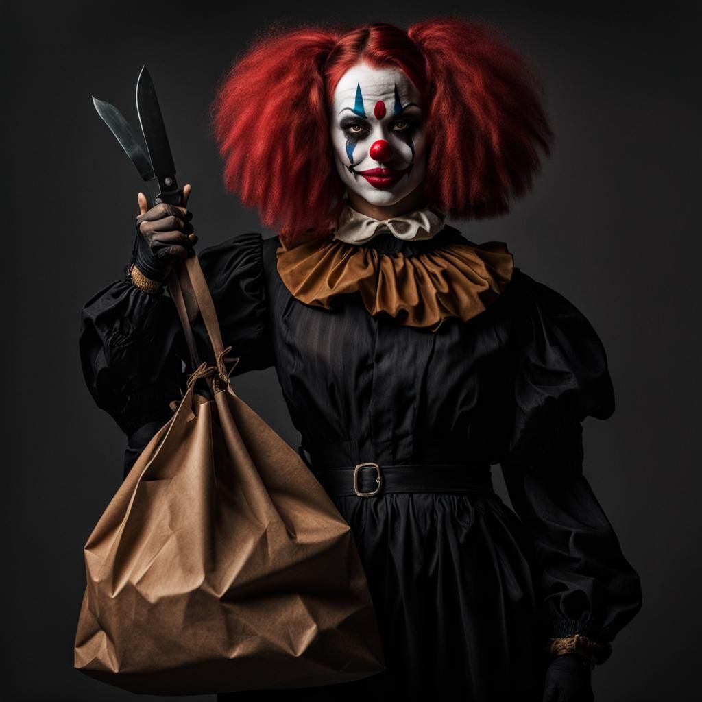 Creepy Girl Clown with Knife in Dark Style