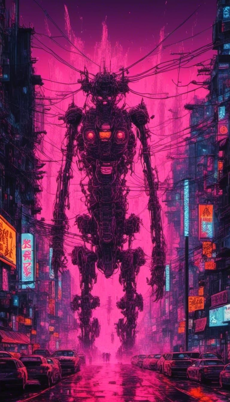 Mech Titans Destroying Neo Tokyo in Neon Graffiti