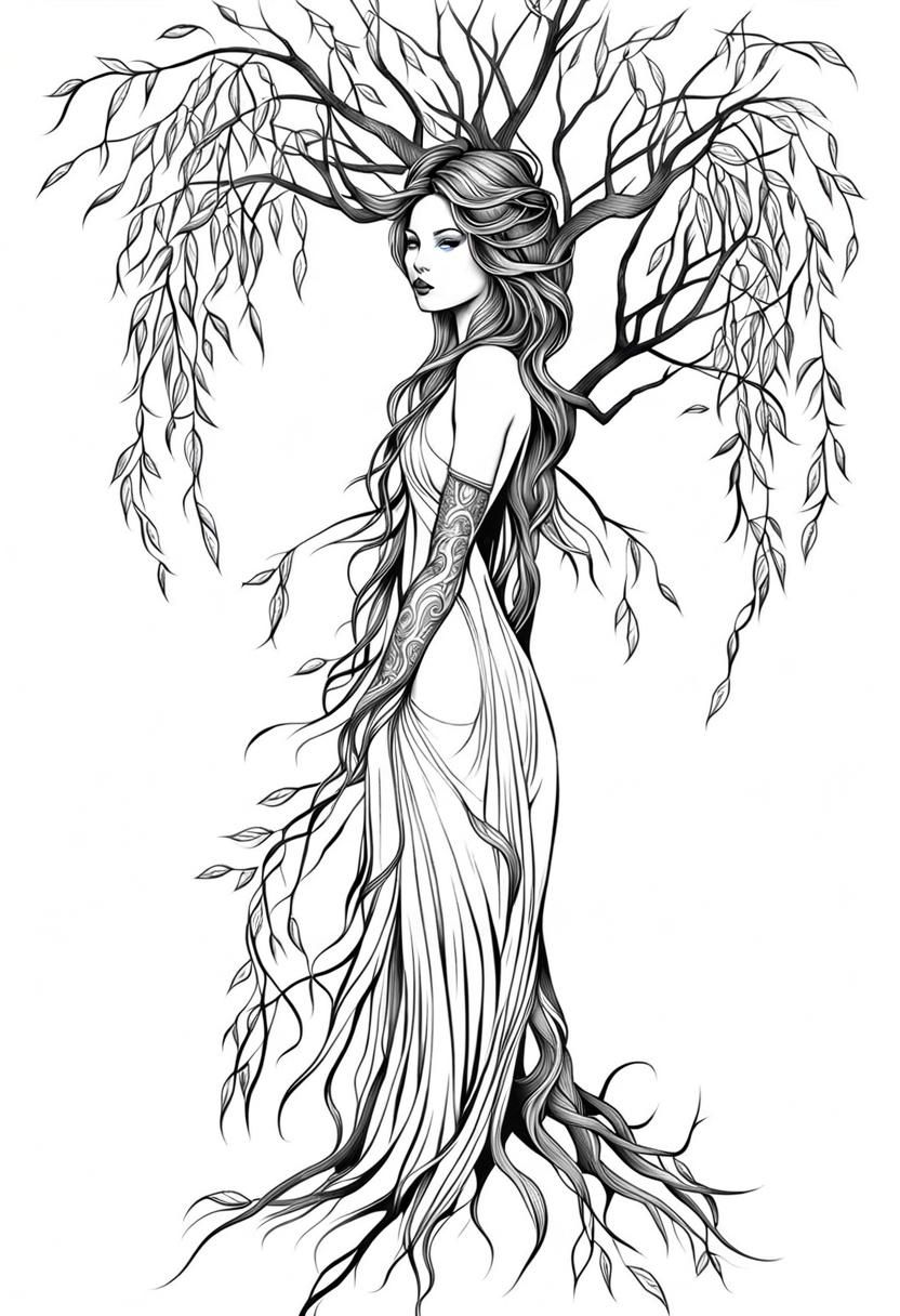 Willow Dryad Tattoo Design in Line Art