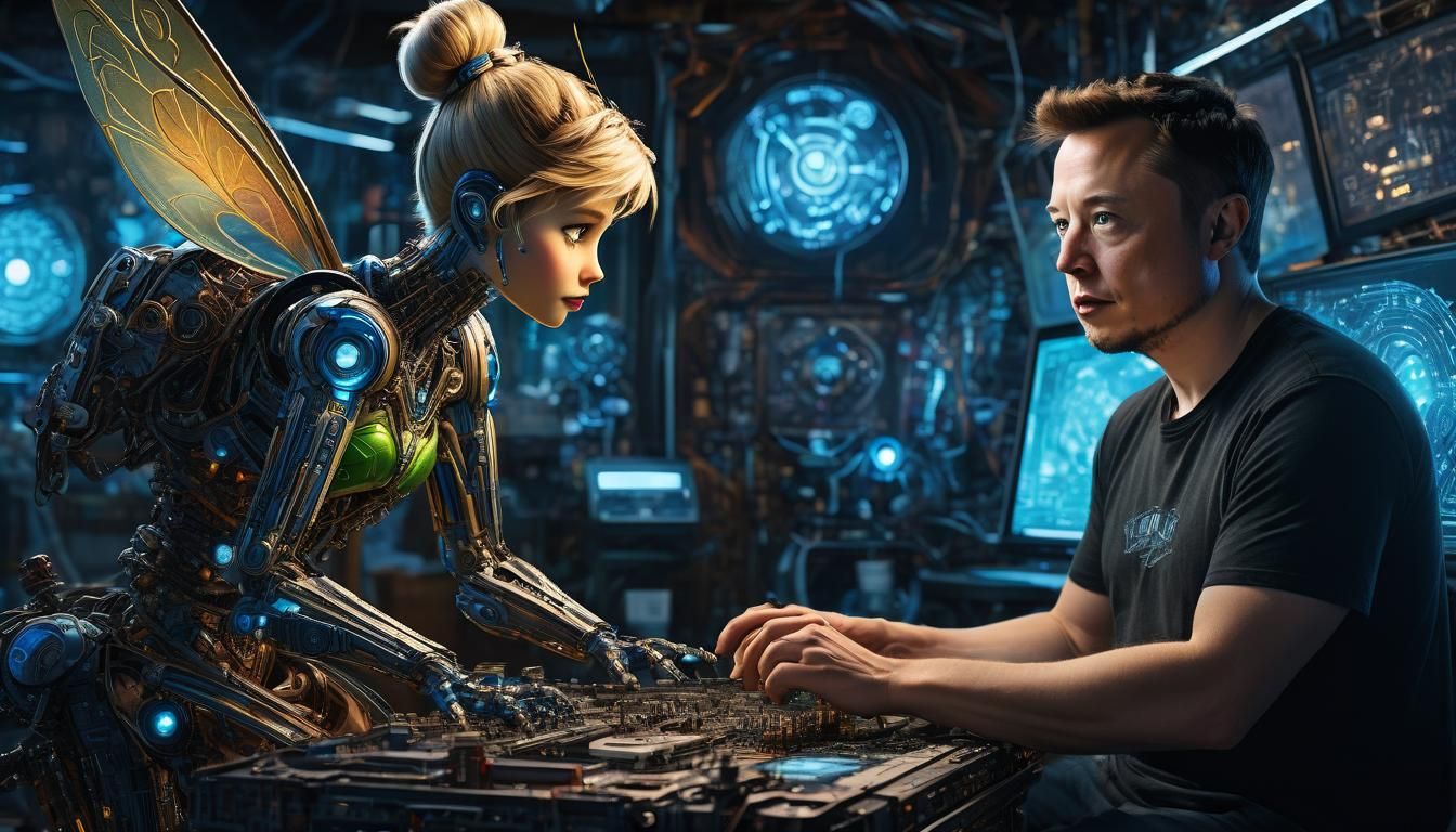 Elon Musk and Tinker Bell Inspect Tinker Bot