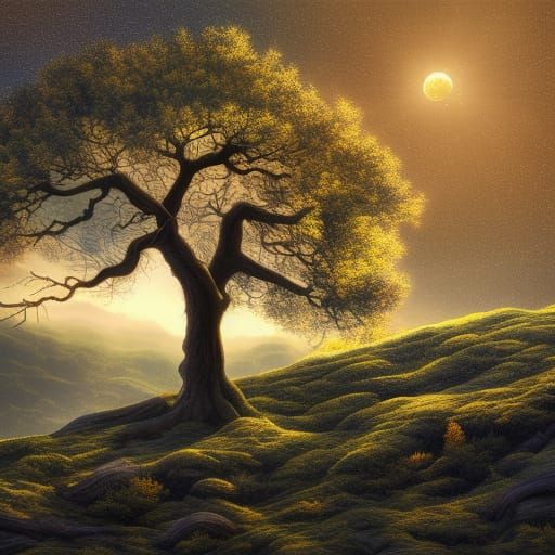Solar Moon Behind Dying Oak: Fine Art Photography