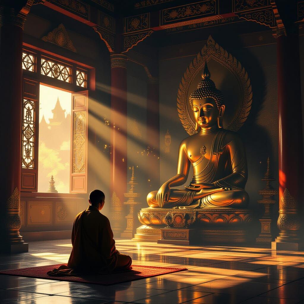 Pilgrim Kneels Before Buddha in Ancient Monastery