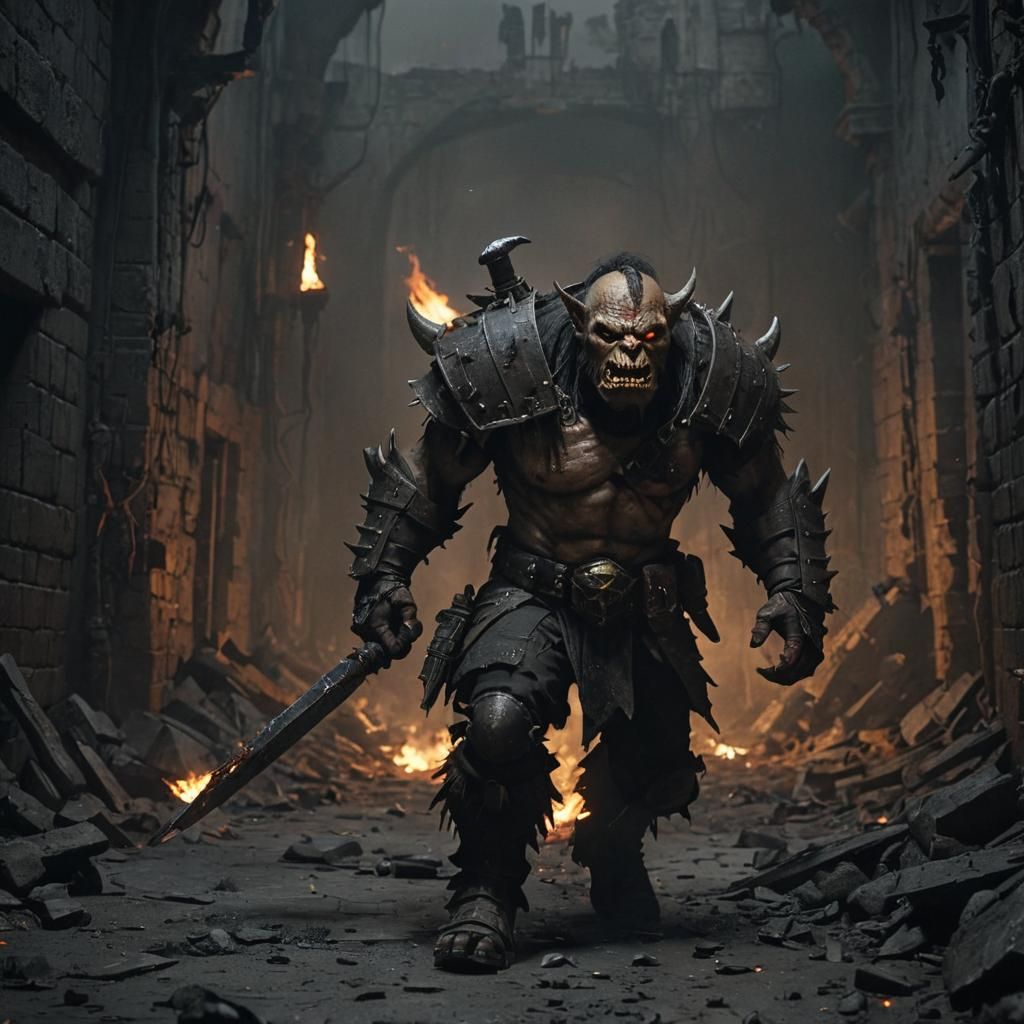 Ork Warrior in Gothic Ruins: Dark Fantasy Illustration