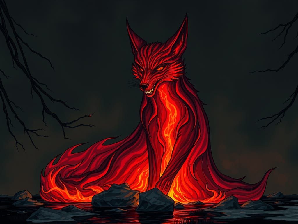 Sinister Crimson Fox in Fiery, Dark Mystical Atmosphere