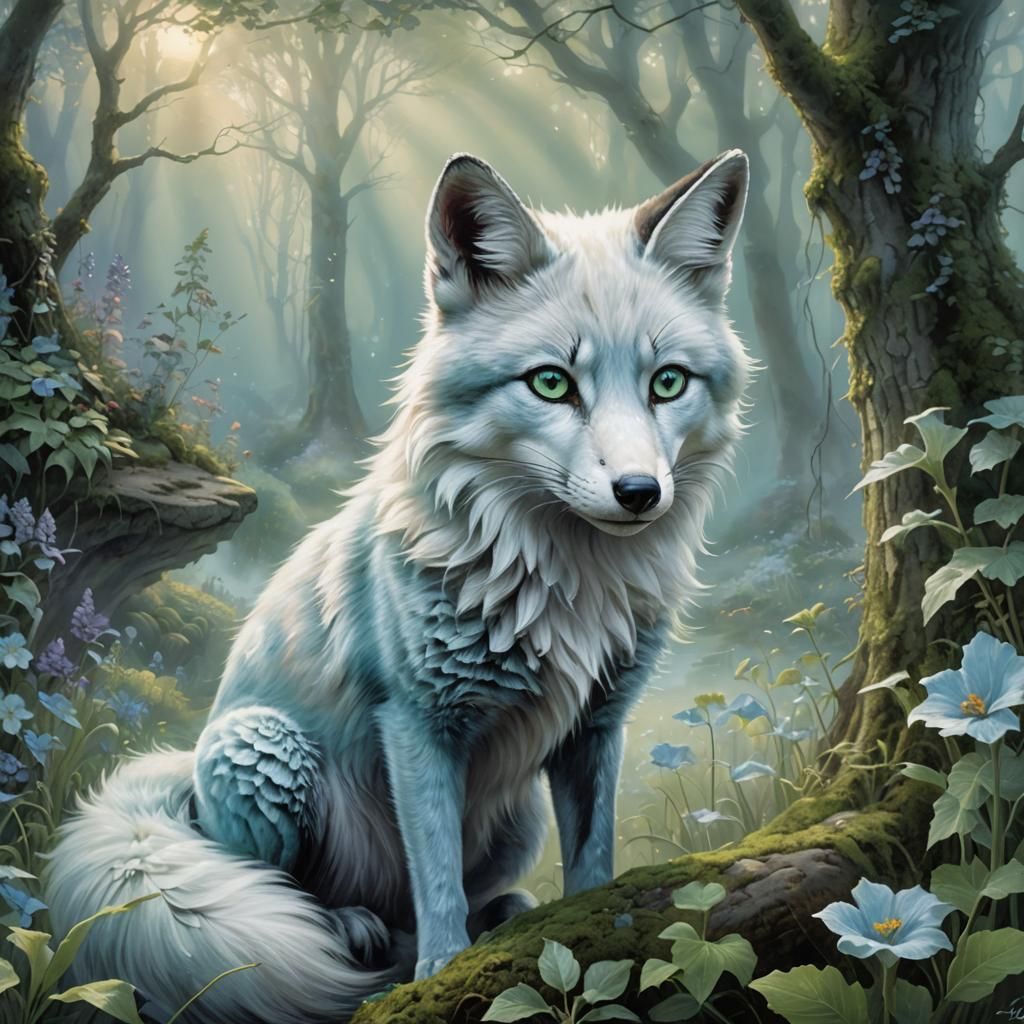 Ethereal Blue Fox with Green Eyes in Fantasy Style