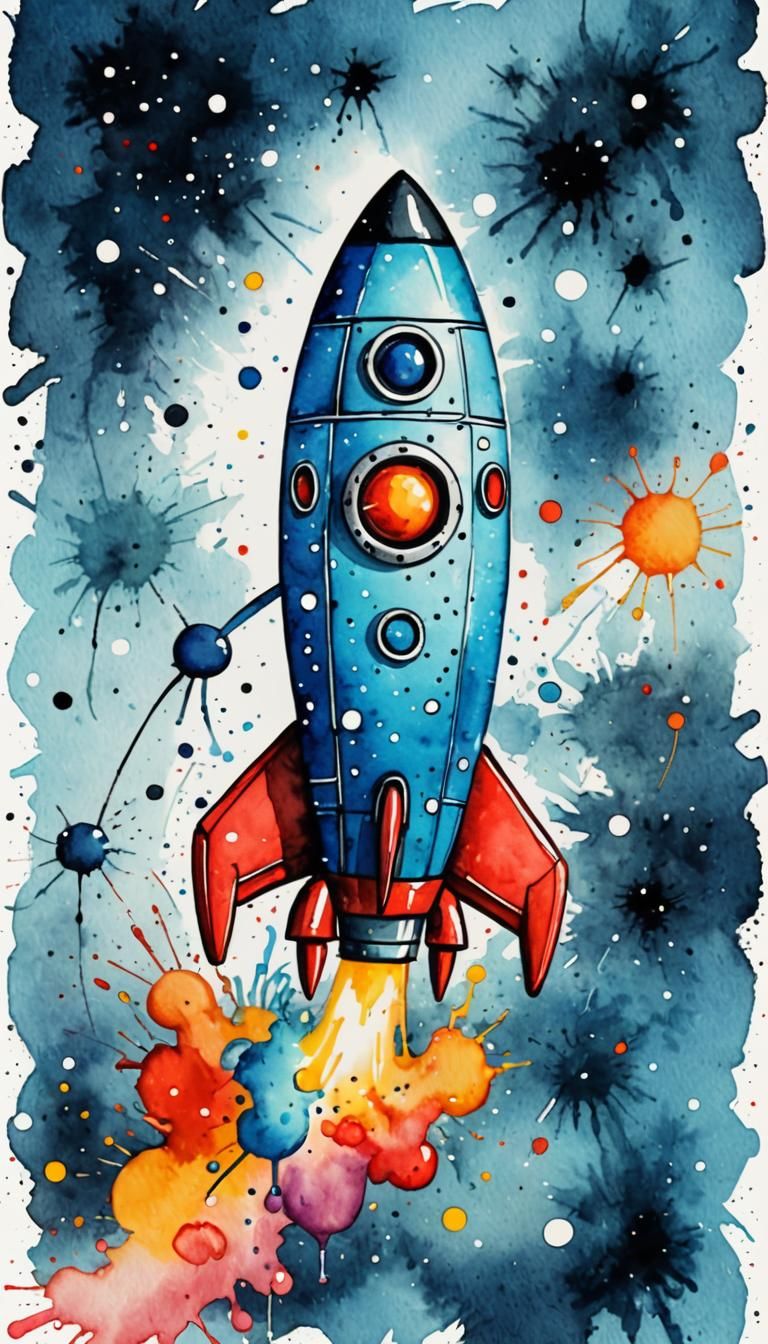 Surreal Bioluminescent Toy Rocket in Watercolor Style