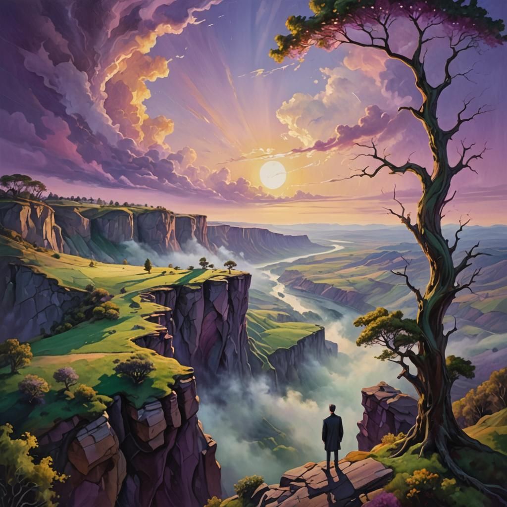 Surreal Oil Painting of a Lone Figure in a Dreamlike Landsca...