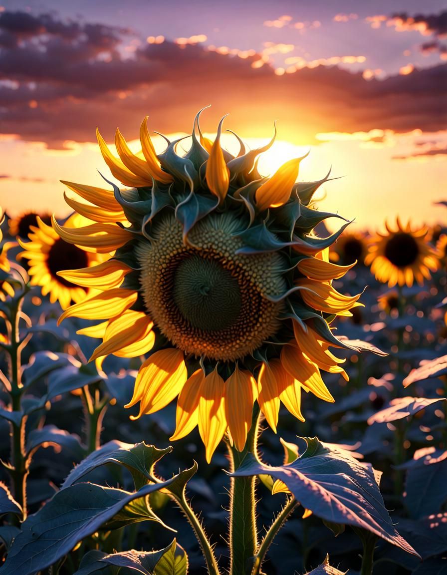 Sunset Sunflower Field: Hyperdetailed Dark Fantasy Art