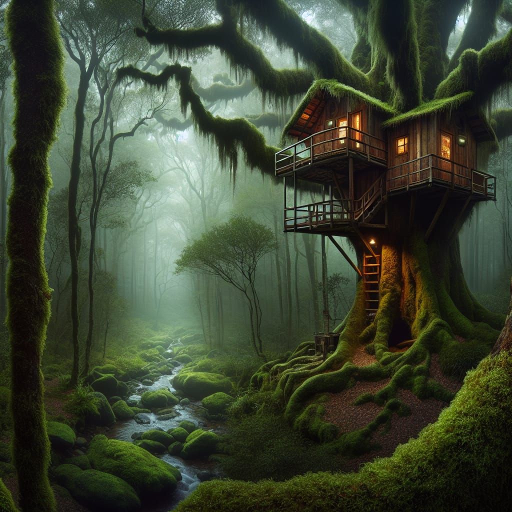 Rustic Treehouse in Ancient Mossy Forest at Night