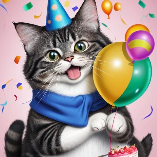 Smiling Cartoon Cat Celebrates with Cake and Confetti