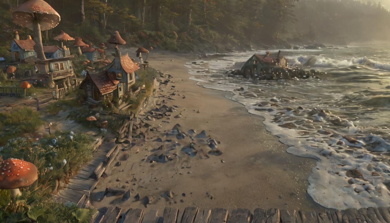 Magical Beach with Fairy Houses in Ethereal Style