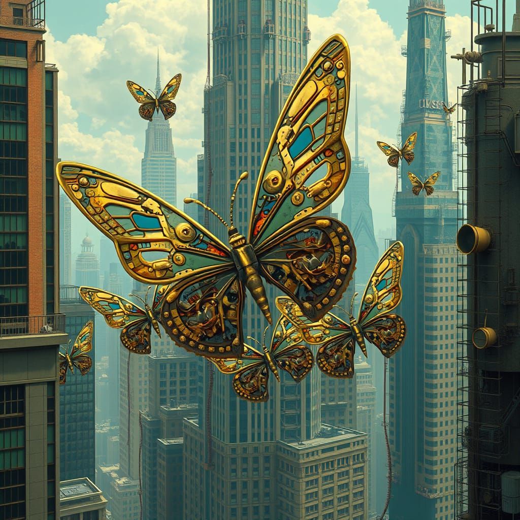 Steampunk Cityscape with Mechanical Butterflies