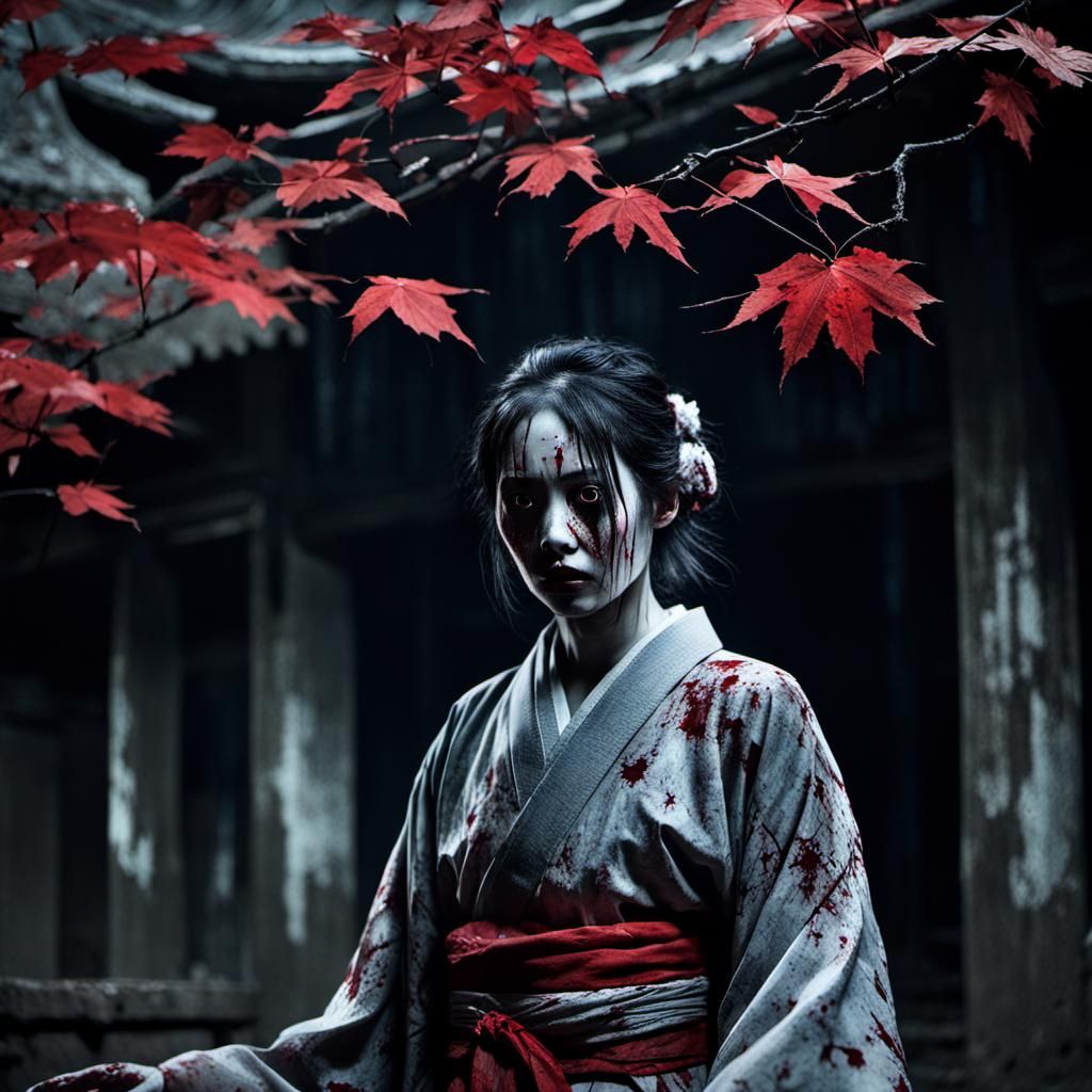 Japanese Ghost in Abandoned Temple, Doré-Inspired Horror