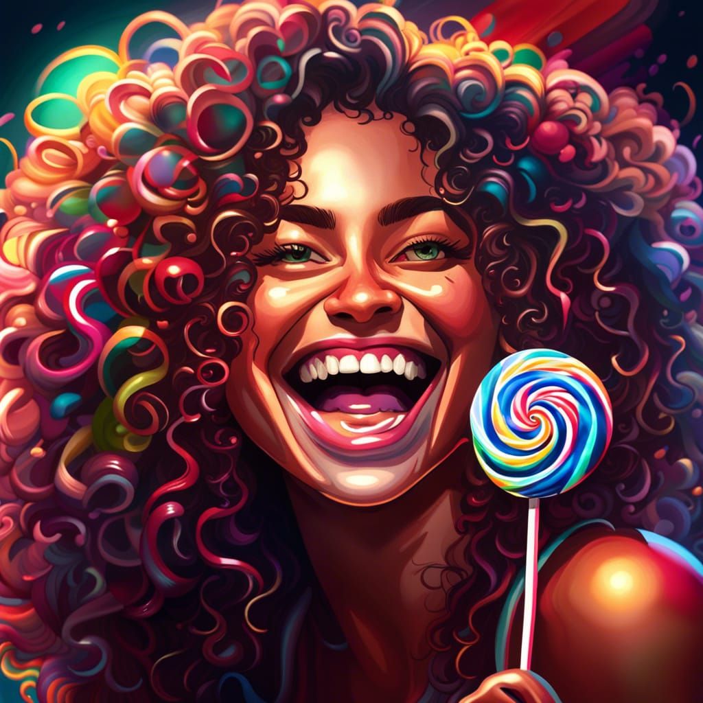 Hyperrealistic Woman with Lollipop and Curly Hair
