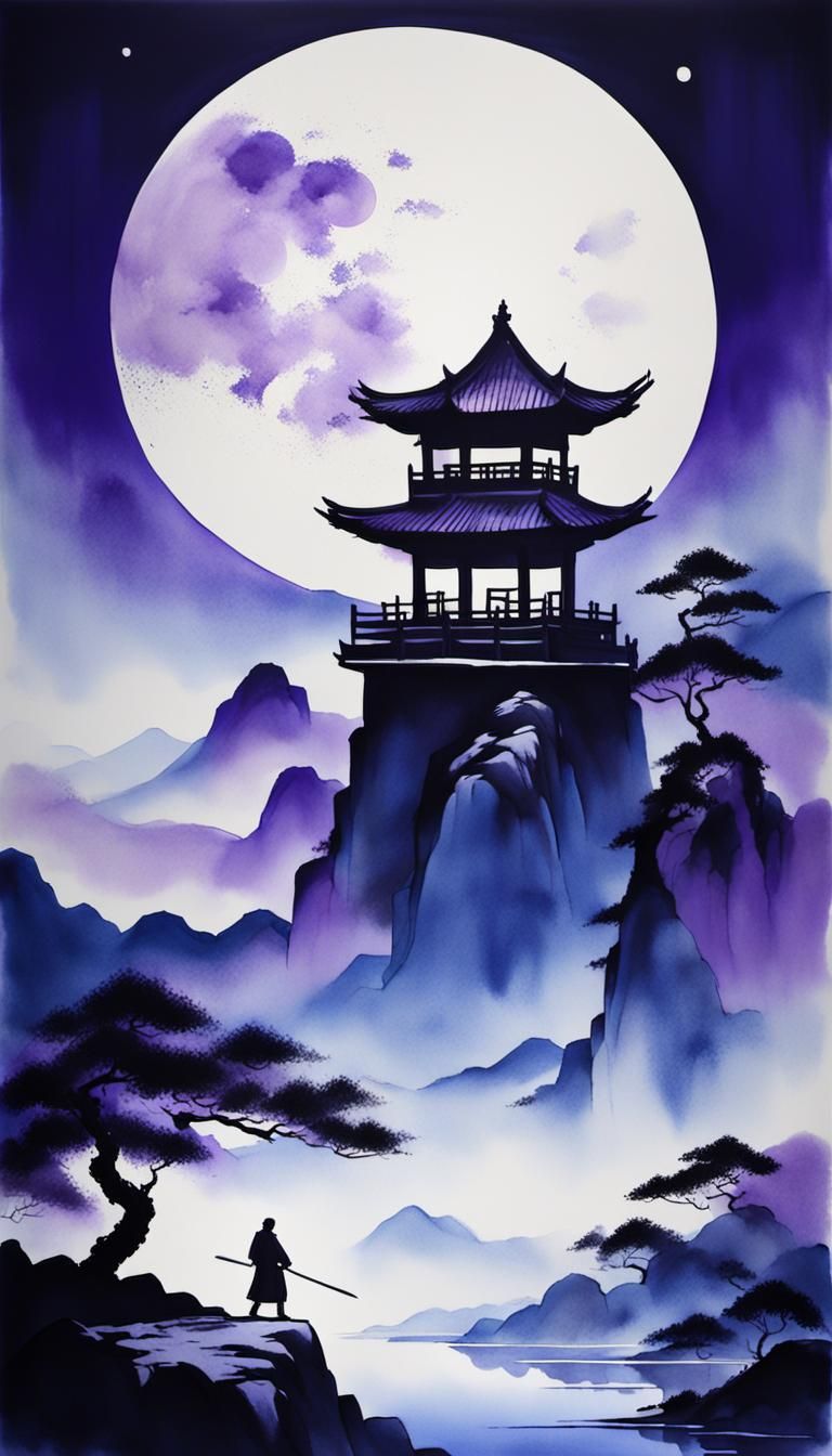 Minimalist Ink Painting of Swordsman Under Moonlight