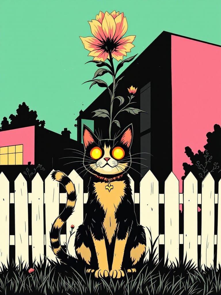 Suburban Gothic Cat Under Flower, Noir Highlights
